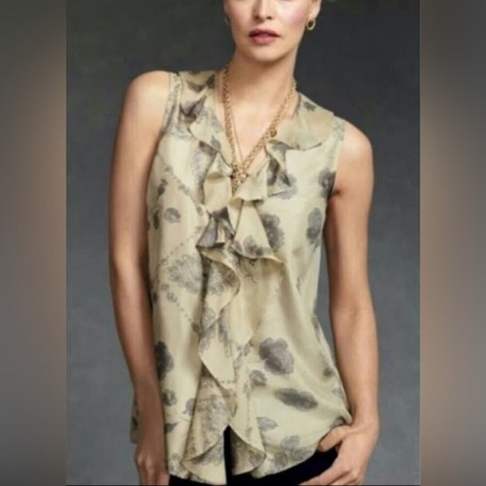 CAbi 100% Silk Style 149 Tranquil Floral Ruffle Button Down Sleeveless Tank S